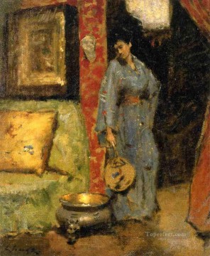 boy holding a flute Painting - Woman in Kimono Holding a Japanese Fan William Merritt Chase